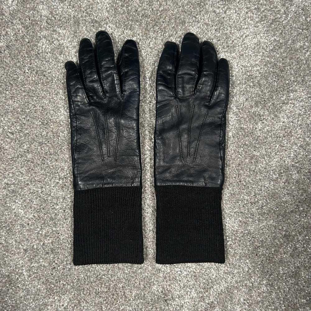 Fownes Black Genuine‎ Leather Gloves with Ribbed Knit Cuffs Size 7.5
